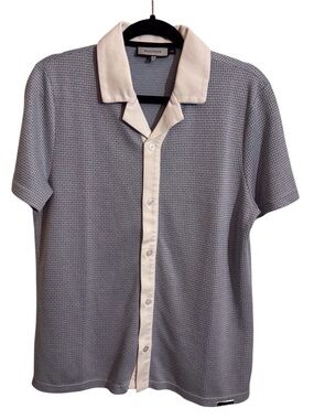 Mauvais Mens Small Blue White Vacation Patterned Button Up Shirt Short Sleeve